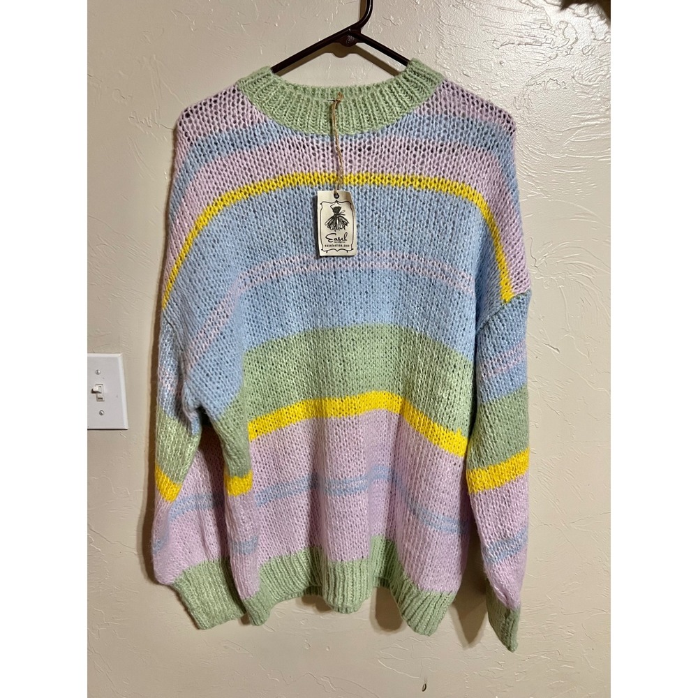 easel Pastel Striped Crewneck Sweater in Pink, Blue, Green & Yellow - Picture 8 of 9